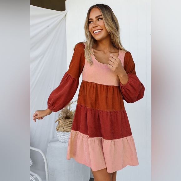 WL Dresses & Skirts - Color Block Square Neck Tiered Dress Pink/Tangerine